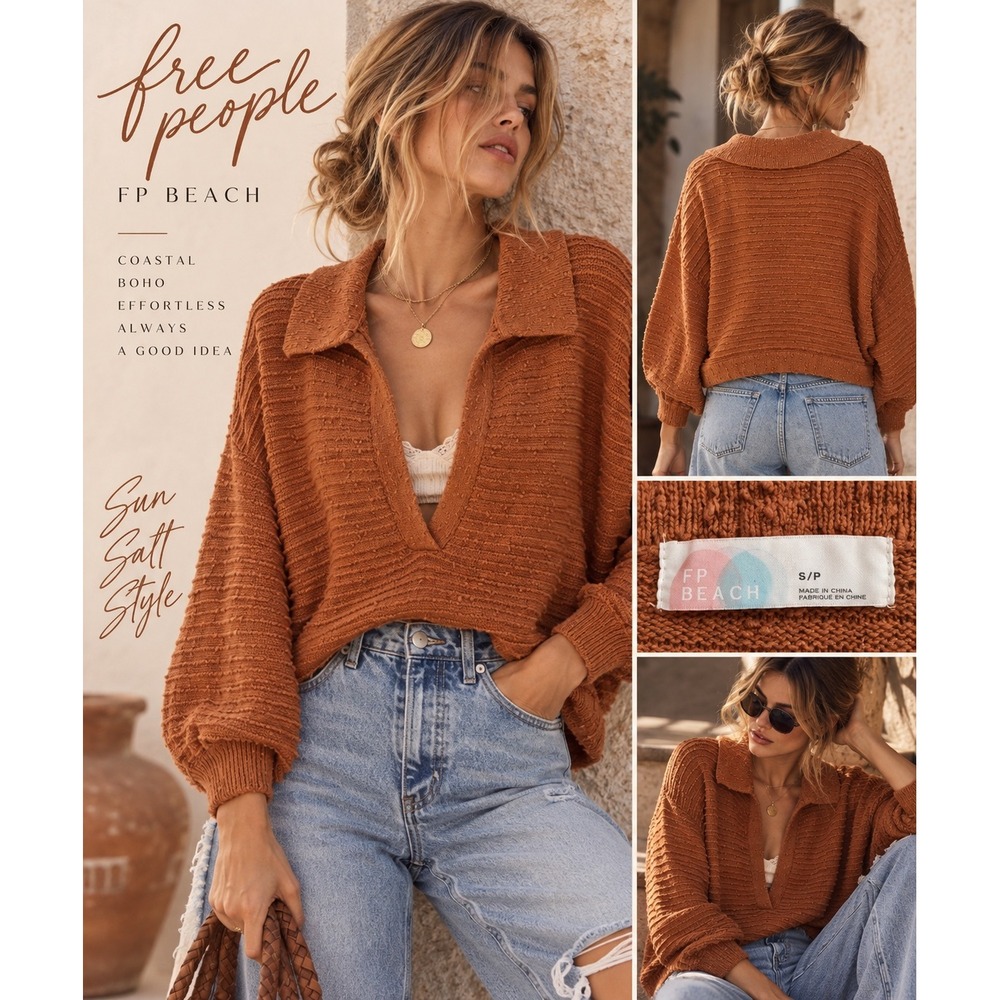 Free People FP Beach Rust Collared Deep V Knit Sweater Top S Boho Coastal